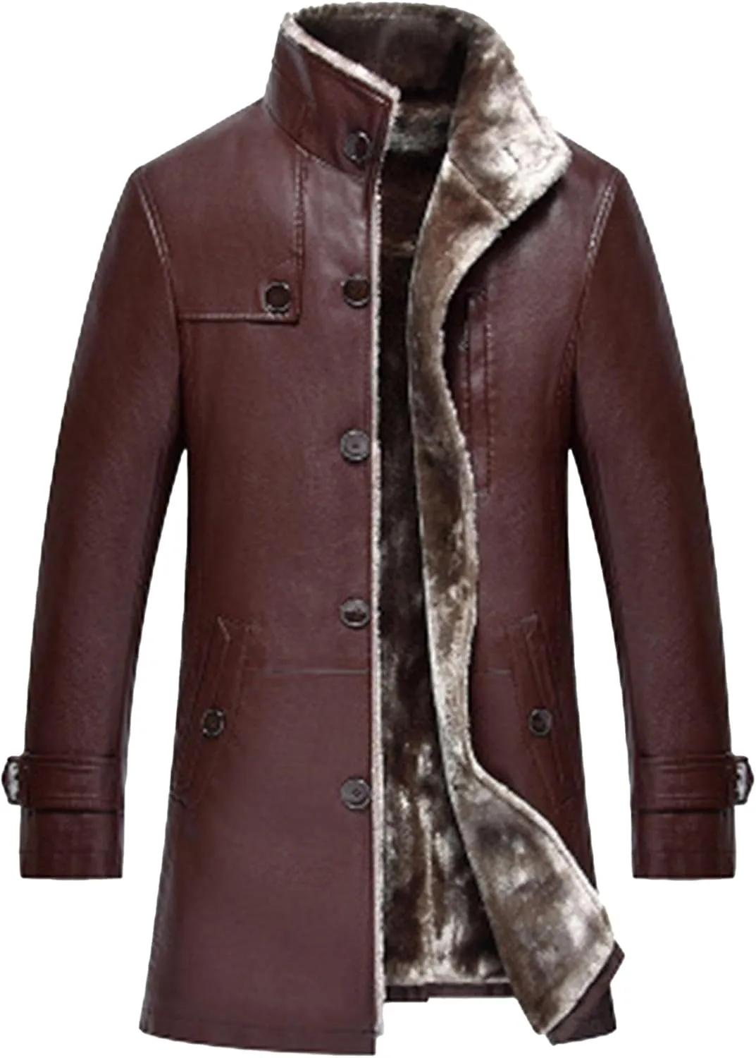 Maiyifu-GJ Mens Faux Leather Jacket Long Trench Coat Fleece Lined Leather Jacket Windproof Warm Thicken Motorcycle Biker Coat
