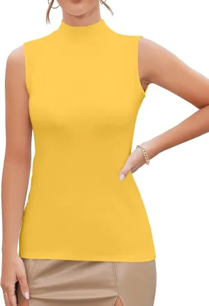 MANGDIUP Women's Mock Turtleneck Long Sleeve Sleeveless Tops Basic Slim T-Shirts