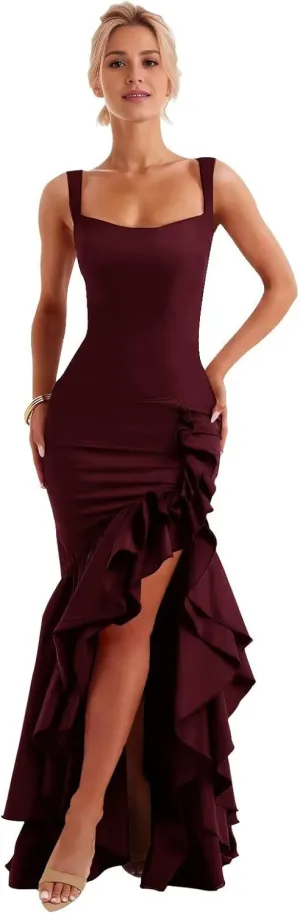 Mermaid Long Prom Dresses for Women Ruffle Formal Evening Party Gown with Slit