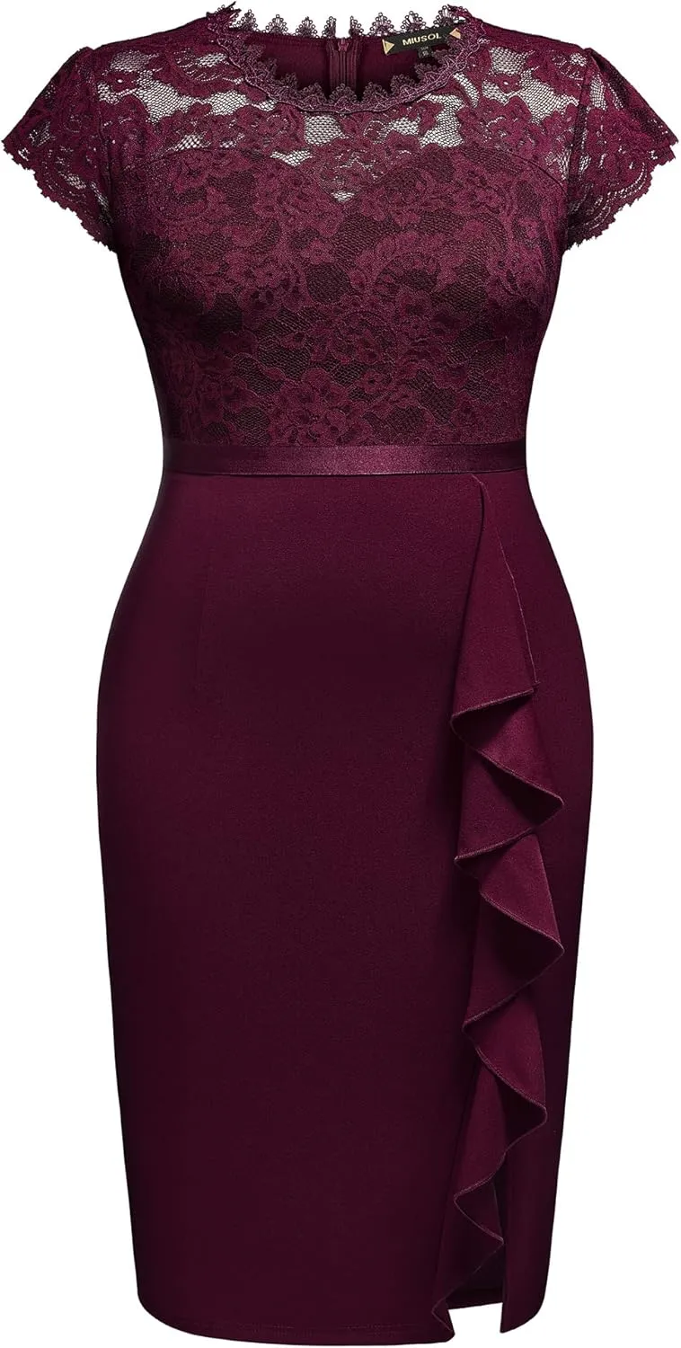 Miusol Women's Plus Size Floral Lace Contrast Ruffles Split Evening Cocktail Dress