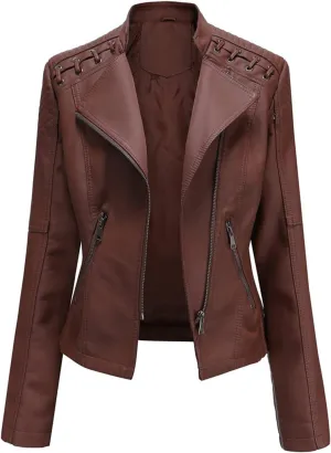 MODFUL Women's Faux Leather Moto Jacket Casual Short Solid Color PU Biker Coat with Pockets