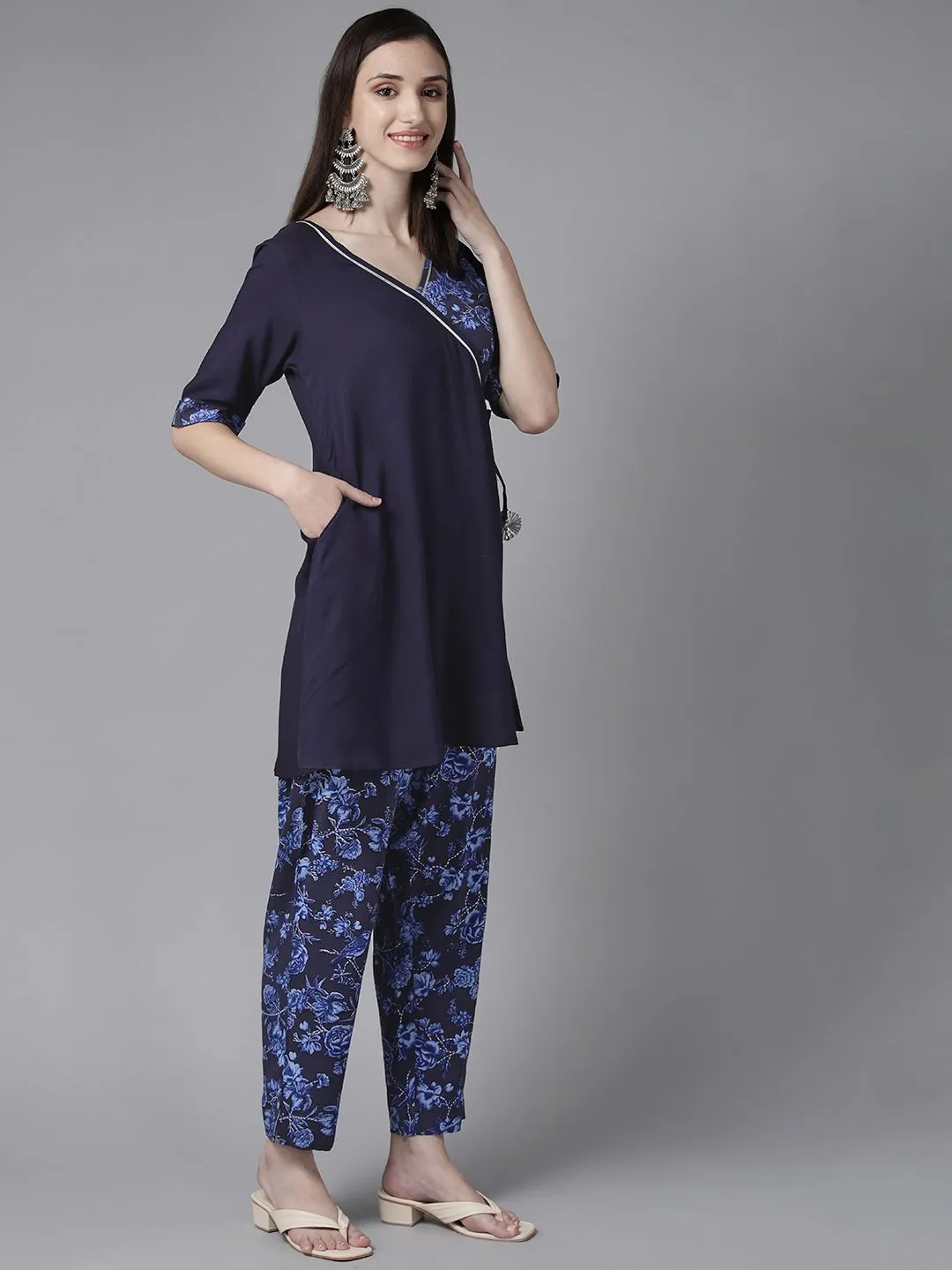 Navy Blue Rayon Wax Printed Angrakha Gotta Patti Tunic With Trousers