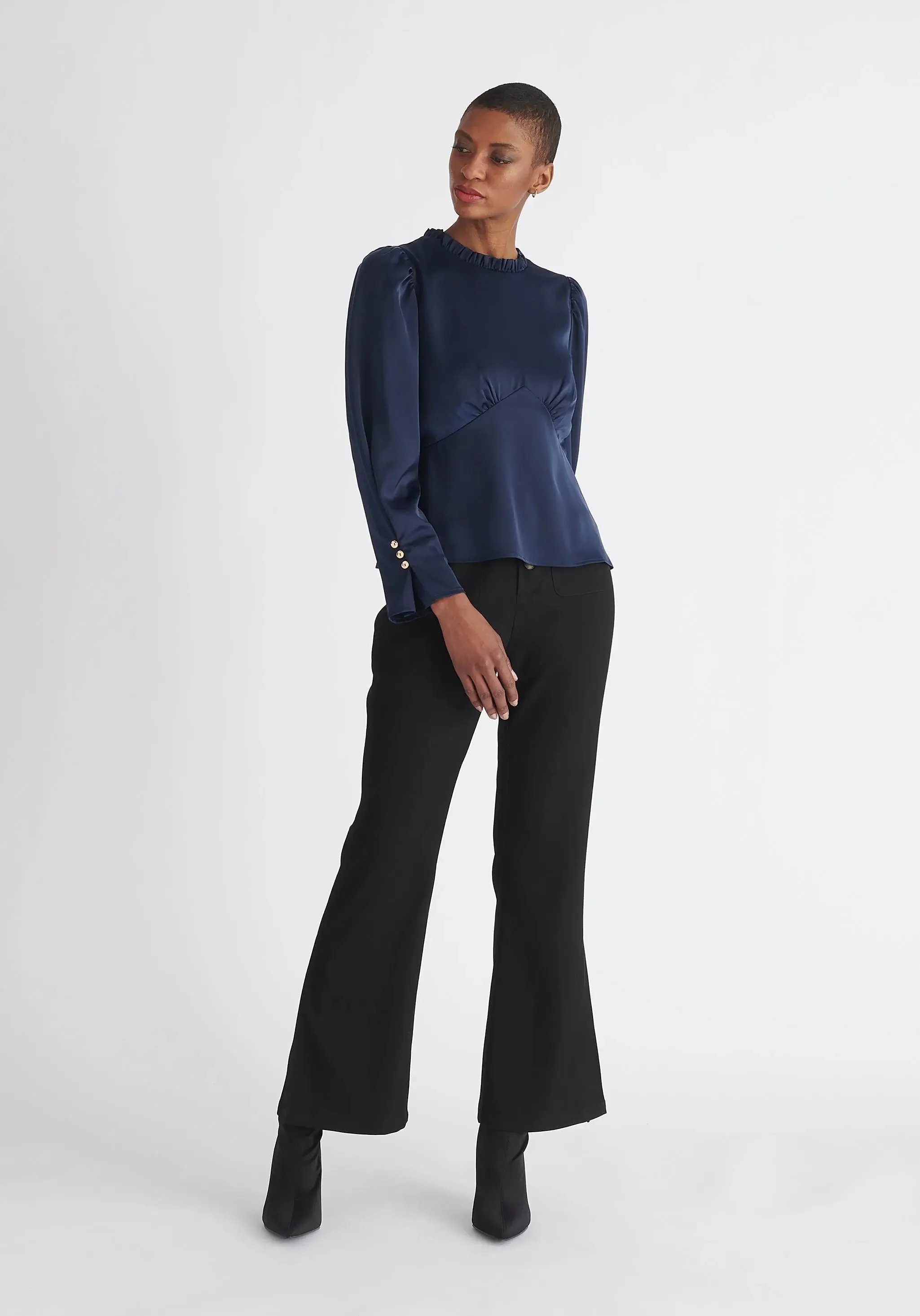 Navy Pleated Collar Satin Blouse