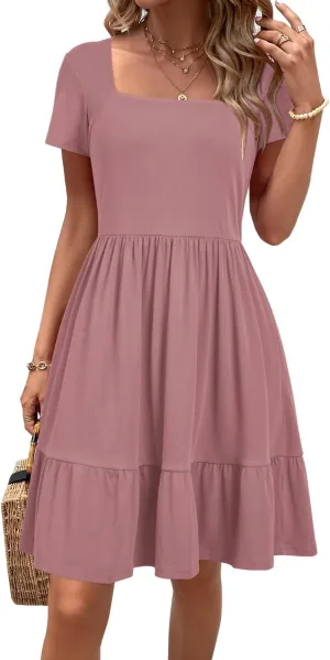 Newshows Women 2025 Summer Dress Square Neck Formal Short Sleeve Business Casual Outfits Ruffle Spring Pockets Sundress