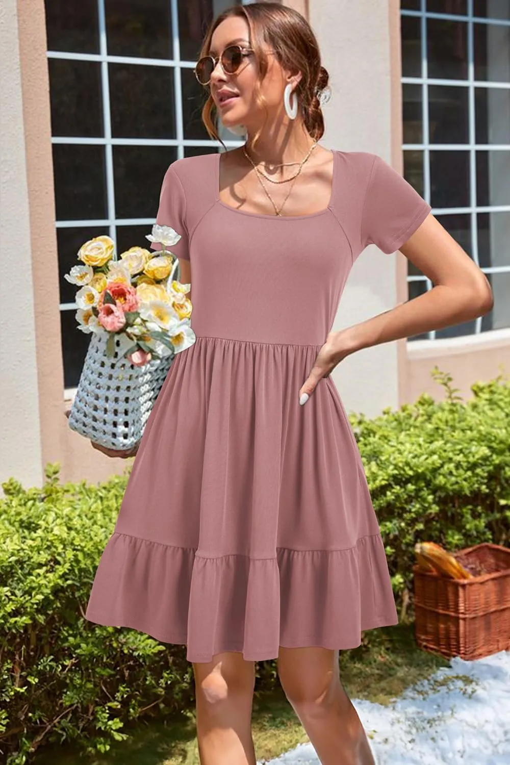 Newshows Women 2025 Summer Dress Square Neck Formal Short Sleeve Business Casual Outfits Ruffle Spring Pockets Sundress