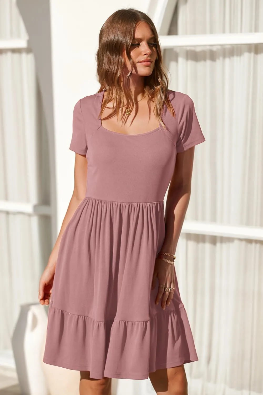 Newshows Women 2025 Summer Dress Square Neck Formal Short Sleeve Business Casual Outfits Ruffle Spring Pockets Sundress
