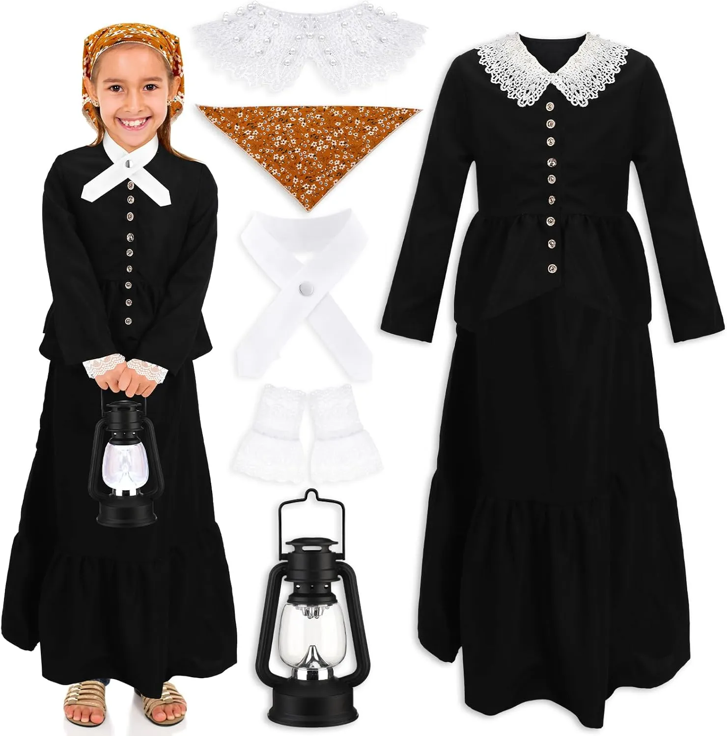 Panitay 6 Pc 1800s Colonial Costumes with Lace Cuffs Lace Collar LED Lantern for 100th Day of School Cosplay Party Girls Kids