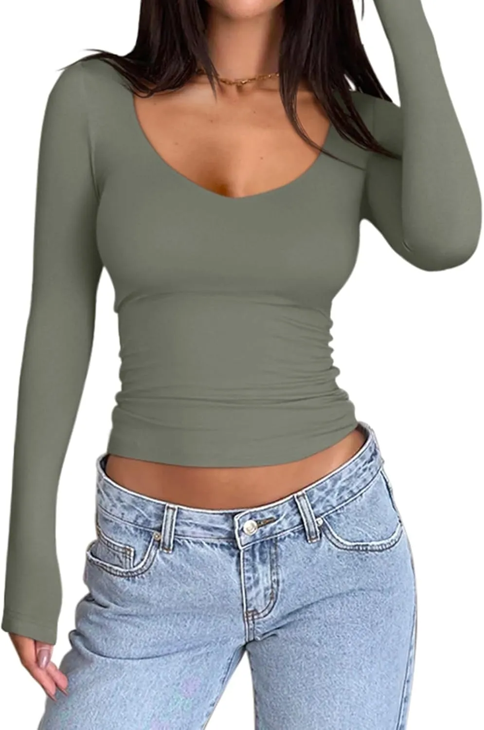 PINKMSTYLE Women's Double Lined V Neck Long Sleeve Shirts Basic Tees Fitted Tops Fall Outfits 2024