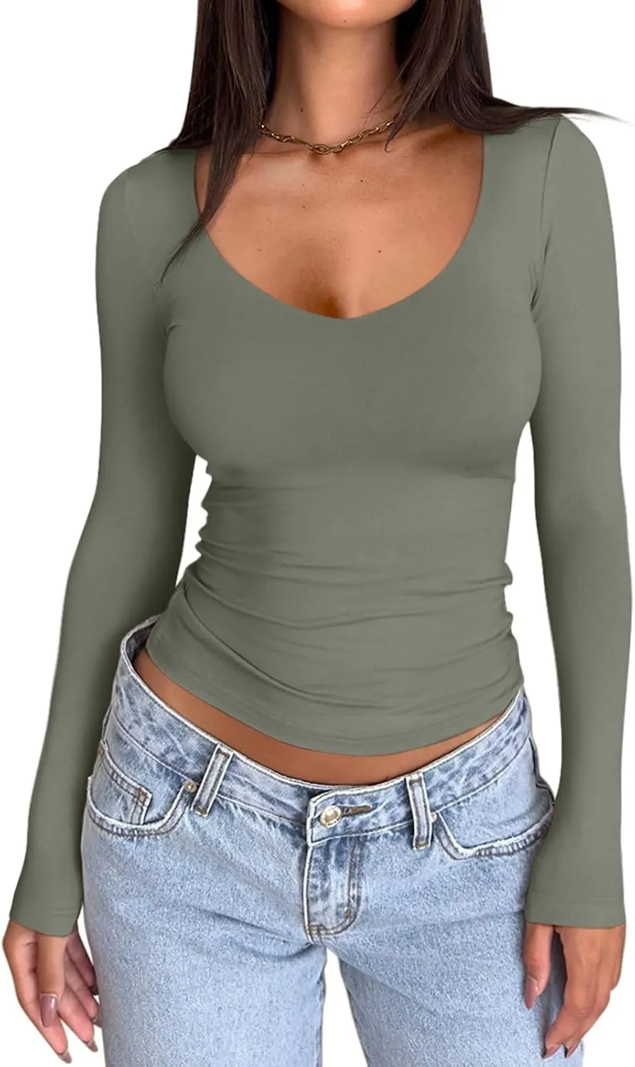 PINKMSTYLE Women's Double Lined V Neck Long Sleeve Shirts Basic Tees Fitted Tops Fall Outfits 2024