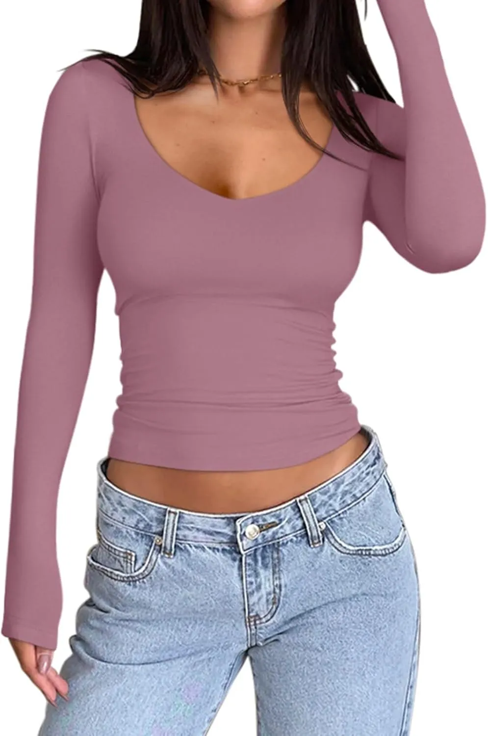 PINKMSTYLE Women's Double Lined V Neck Long Sleeve Shirts Basic Tees Fitted Tops Fall Outfits 2024