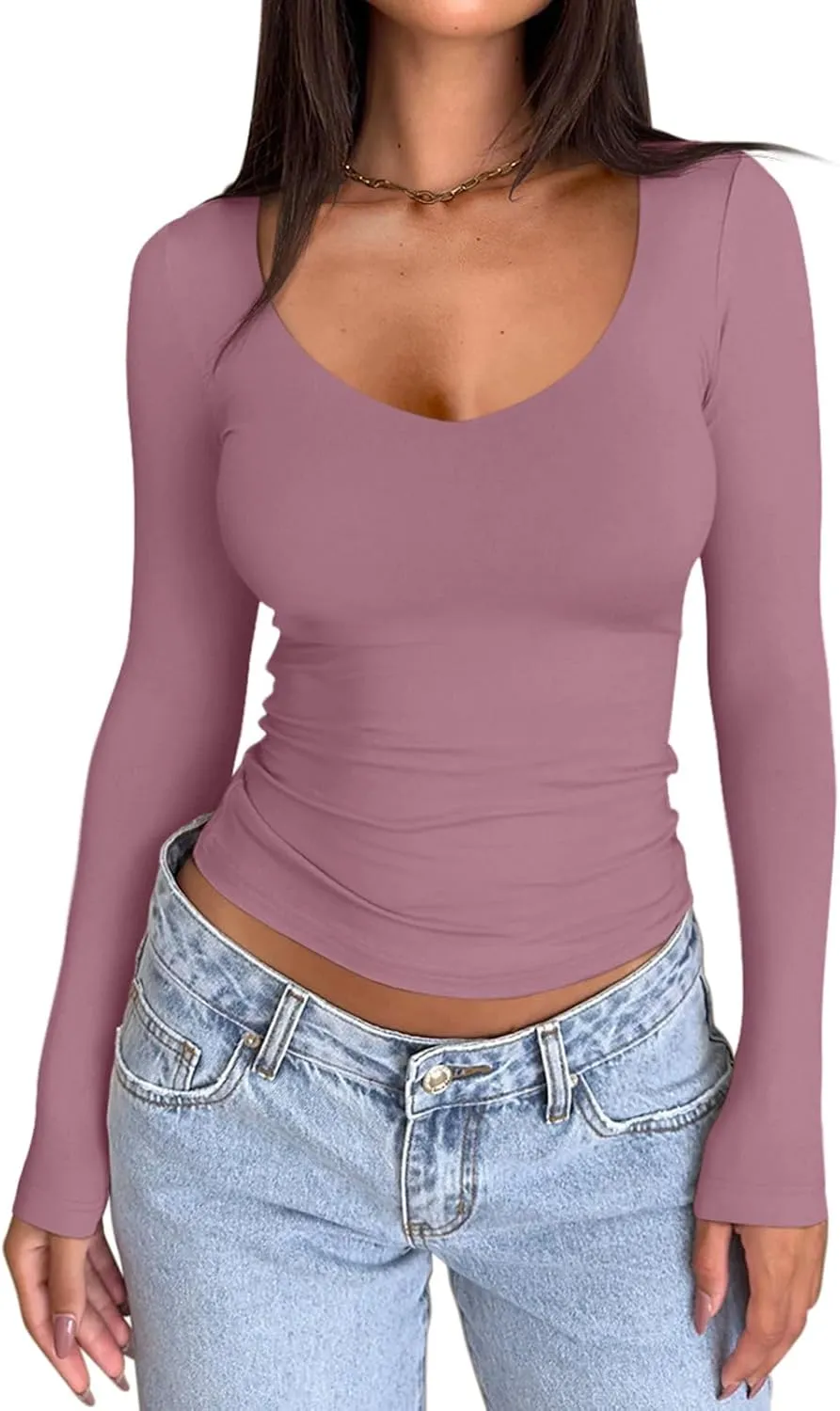 PINKMSTYLE Women's Double Lined V Neck Long Sleeve Shirts Basic Tees Fitted Tops Fall Outfits 2024