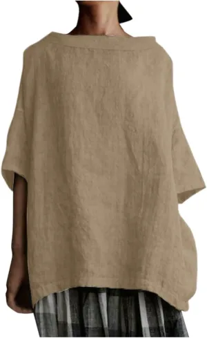 Plus Size Linen Shirts for Women Crewneck 3/4 Sleeve Womens Tops Summer Blouse Casual Tee Shirt Loose Fit Tunic Tshirt
