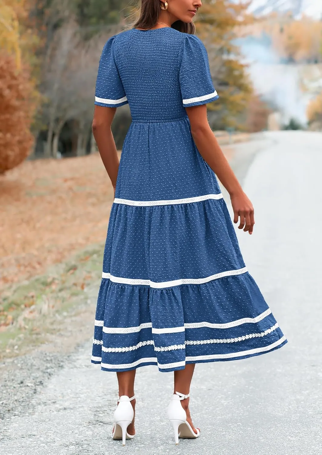 PRETTYGARDEN Women's Casual Summer Maxi Dress Short Sleeve Swiss Dot V Neck Smocked Long Flowy Beach Dresses