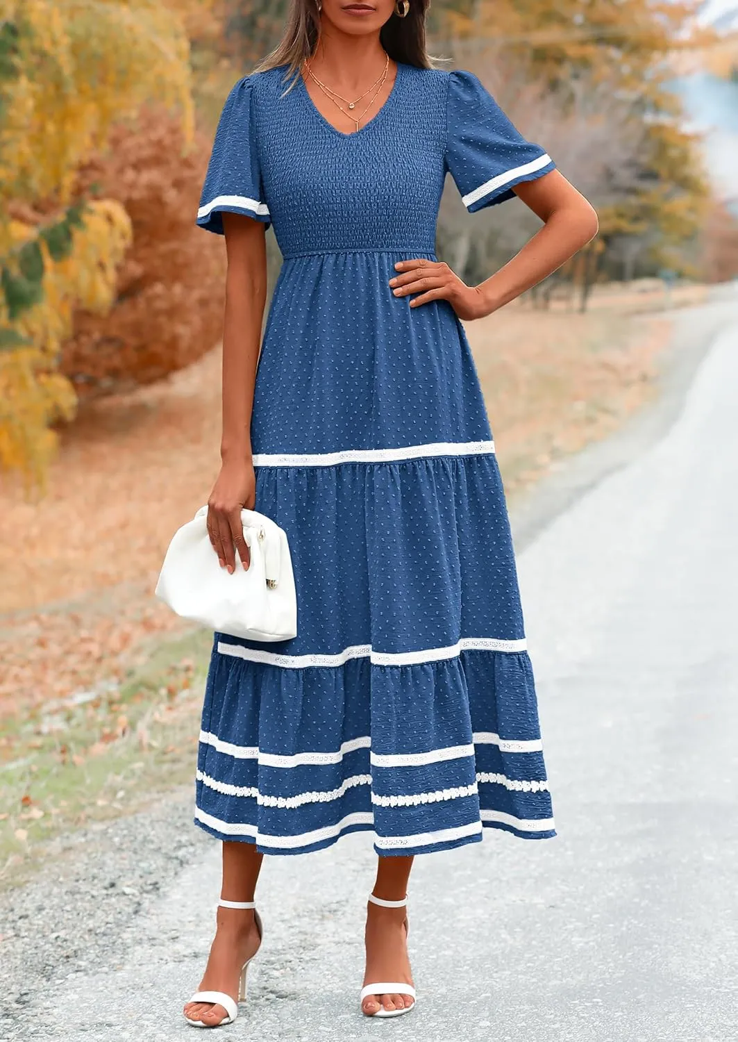 PRETTYGARDEN Women's Casual Summer Maxi Dress Short Sleeve Swiss Dot V Neck Smocked Long Flowy Beach Dresses
