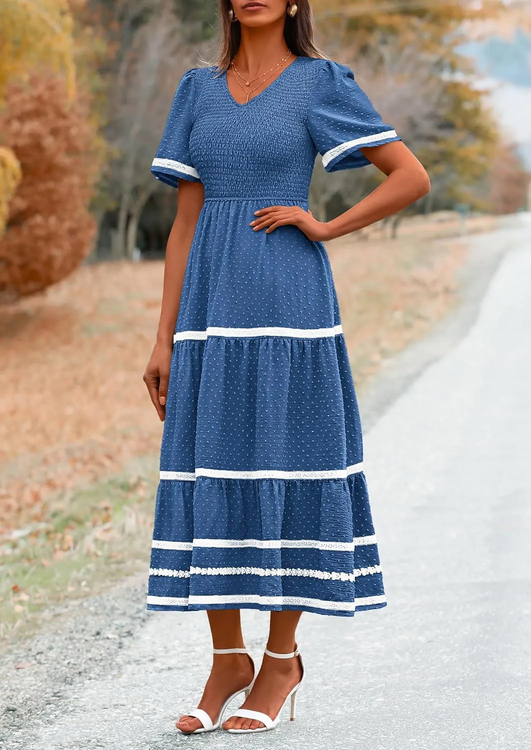 PRETTYGARDEN Women's Casual Summer Maxi Dress Short Sleeve Swiss Dot V Neck Smocked Long Flowy Beach Dresses