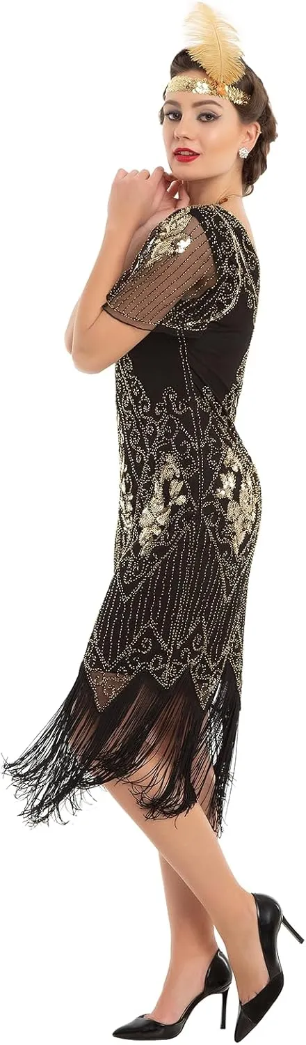 PrettyGuide Women's 1920s Dress Sequin Art Deco Flapper Dress with Sleeve