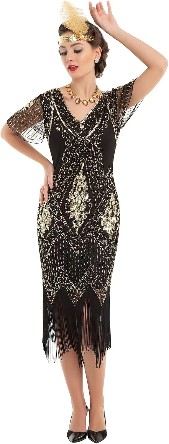 PrettyGuide Women's 1920s Dress Sequin Art Deco Flapper Dress with Sleeve