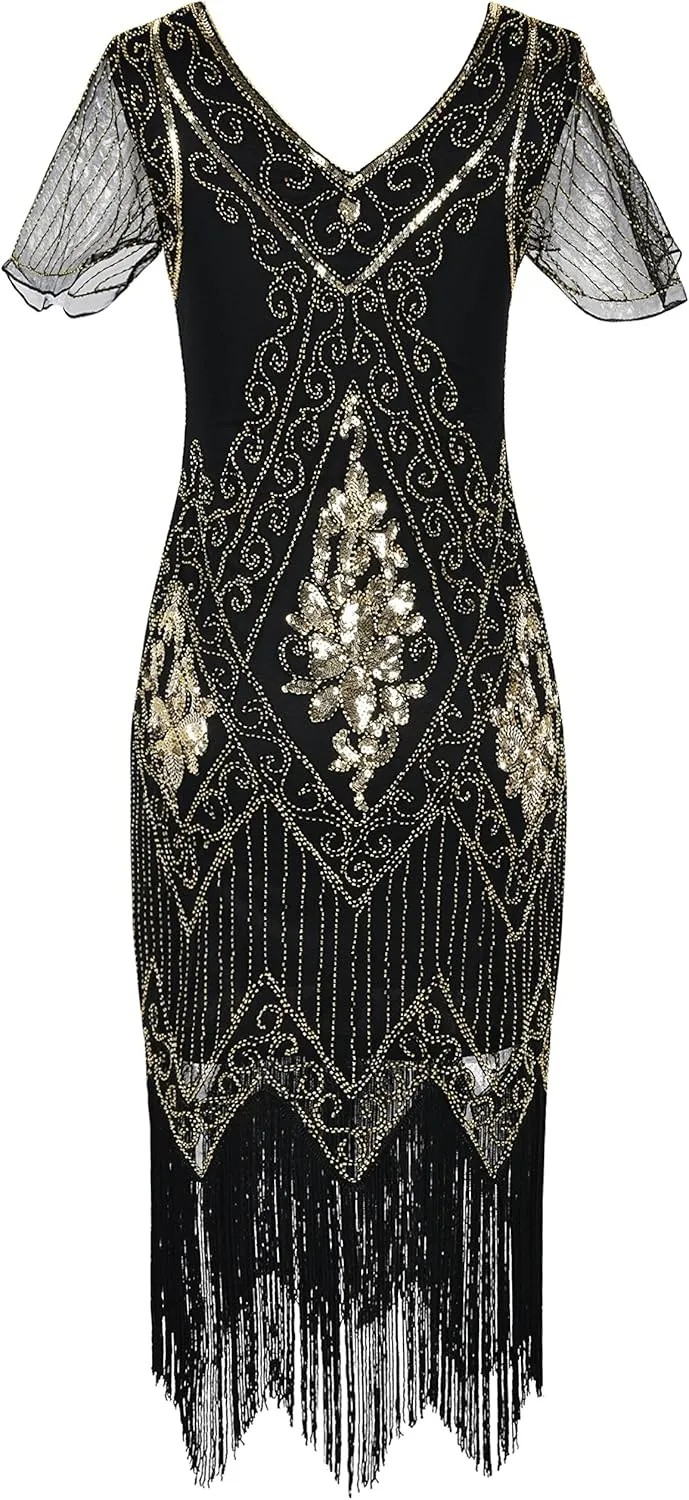 PrettyGuide Women's 1920s Dress Sequin Art Deco Flapper Dress with Sleeve
