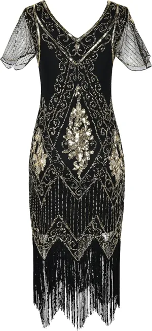 PrettyGuide Women's 1920s Dress Sequin Art Deco Flapper Dress with Sleeve