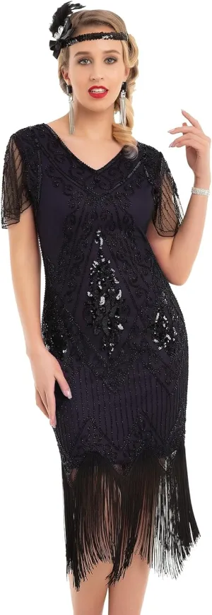 PrettyGuide Women's 1920s Dress Sequin Art Deco Flapper Dress with Sleeve