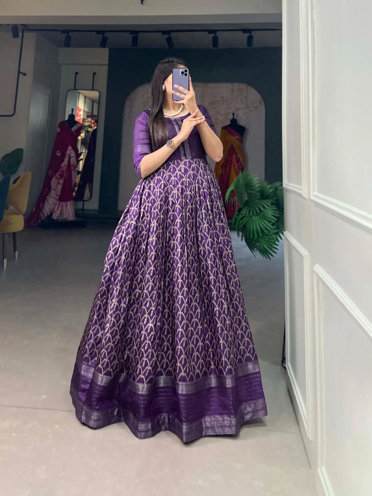 Purple Color Dola Silk Printed Gown with Exquisite Zari Border