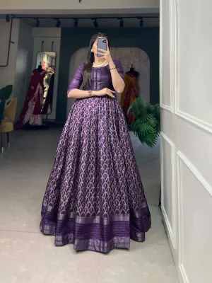 Purple Color Dola Silk Printed Gown with Exquisite Zari Border