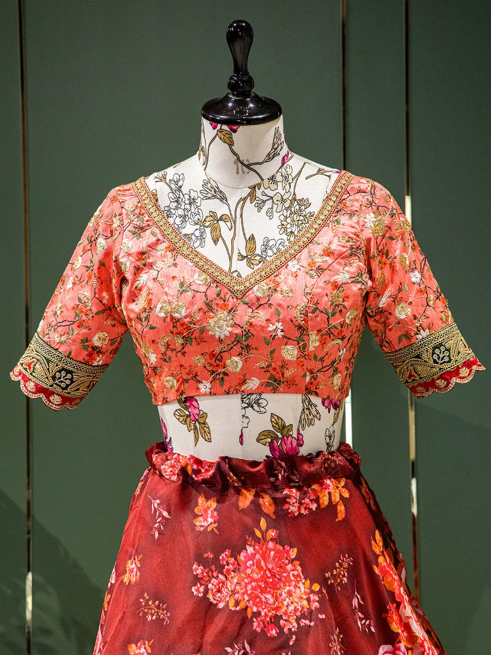 Red Color Floral Printed Organza Lehenga Choli