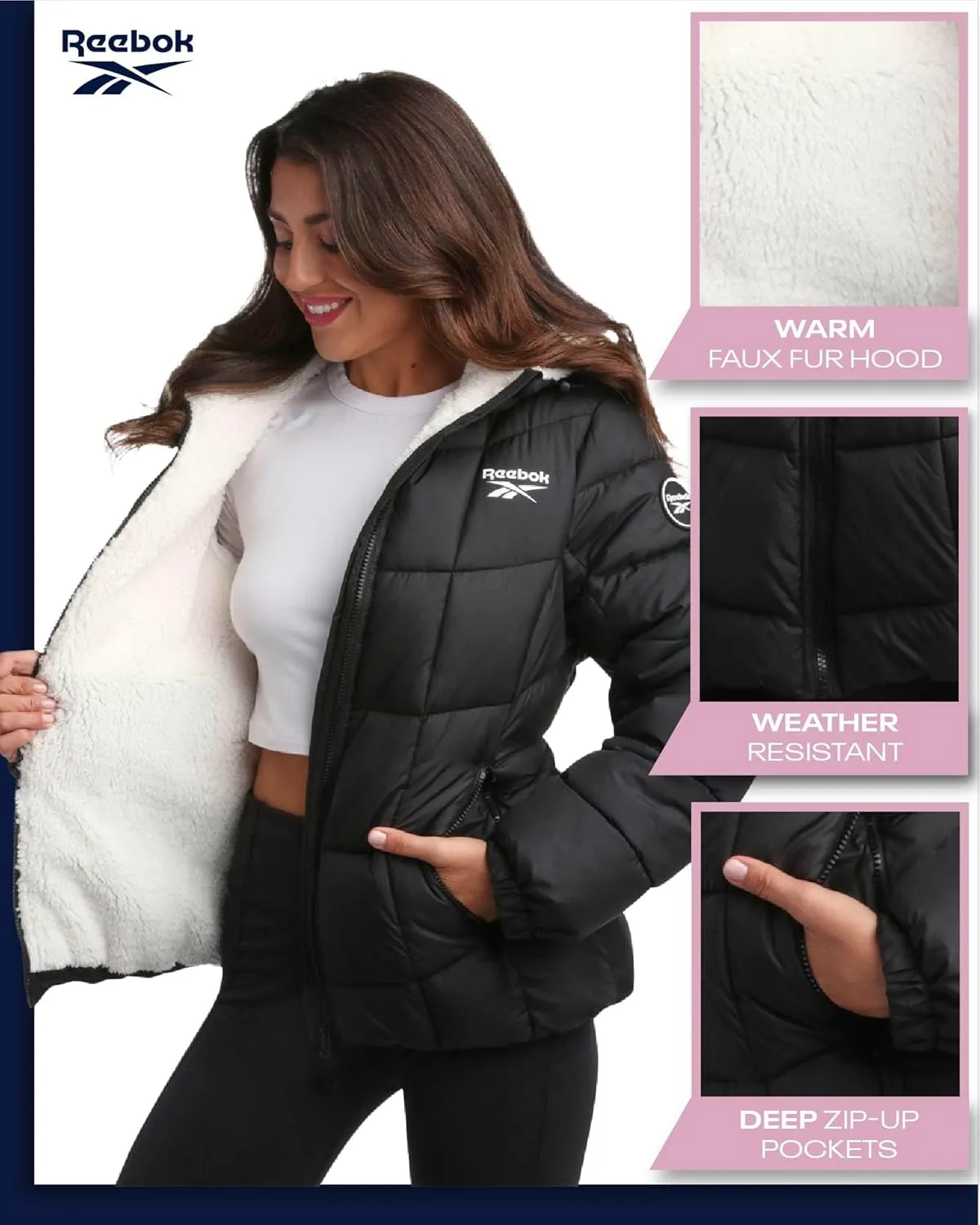 Reebok Women's Winter Jacket - Heavyweight Quilted Puffer Parka Coat - Sherpa Lined Ski Jacket for Women (S-XL)