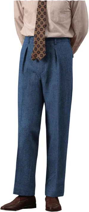 Retro Mens Tweed Suit Pants Herringbone Dress Pants Casual Regular Fit Wool Trousers