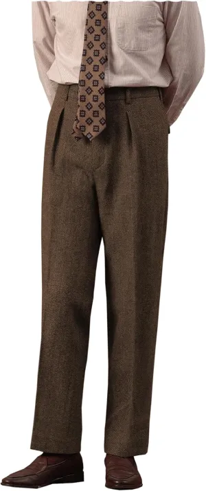 Retro Mens Tweed Suit Pants Herringbone Dress Pants Casual Regular Fit Wool Trousers
