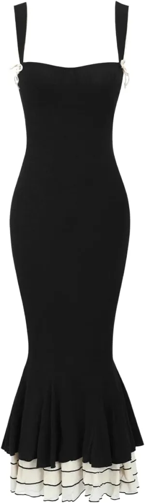 RIHOAS Women Formal Dresses Knitted Bodycon Fishtail Maxi Dress Adjustable Spaghetti Strap Square Neck Slim Evening Gown