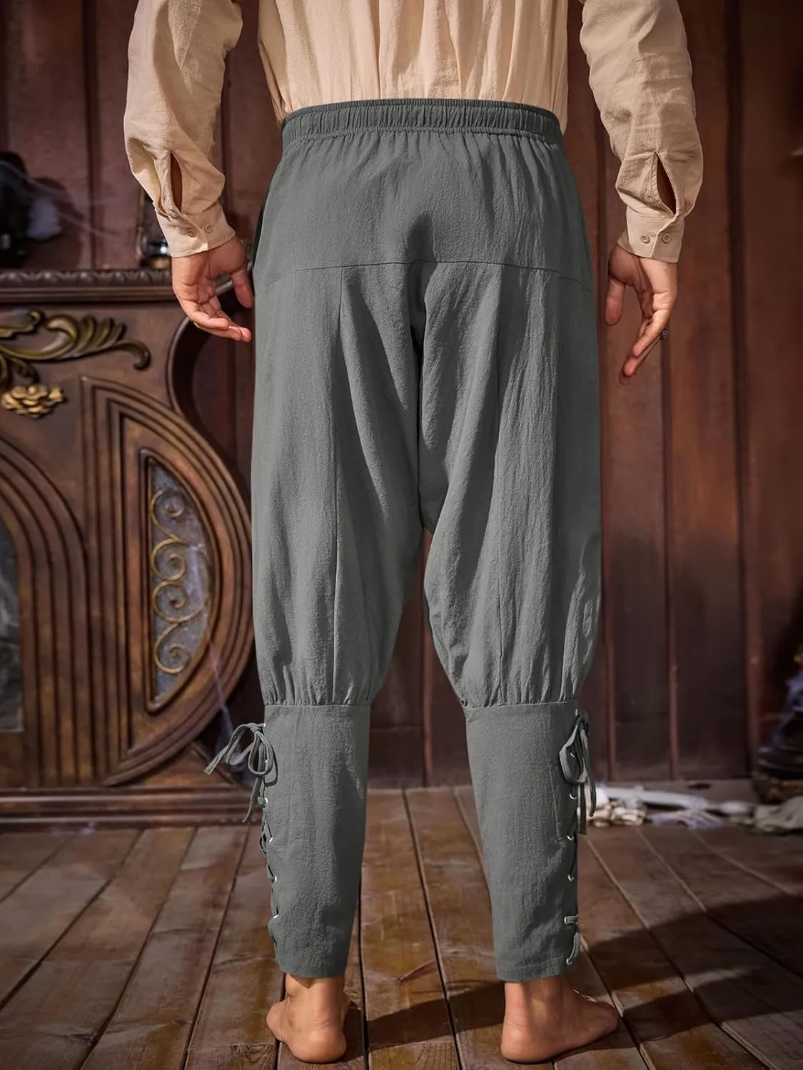 Runcati Mens Medieval Ankle Banded Pants Renaissance Viking Pirate Navigator Costume Pants Lace Up Cotton Halloween Trousers