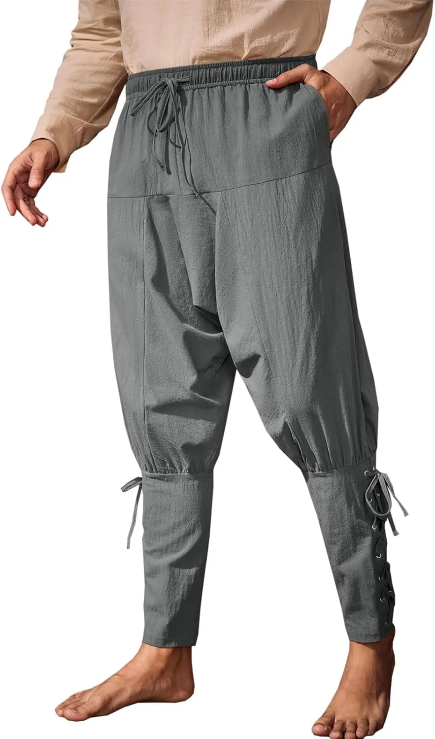 Runcati Mens Medieval Ankle Banded Pants Renaissance Viking Pirate Navigator Costume Pants Lace Up Cotton Halloween Trousers