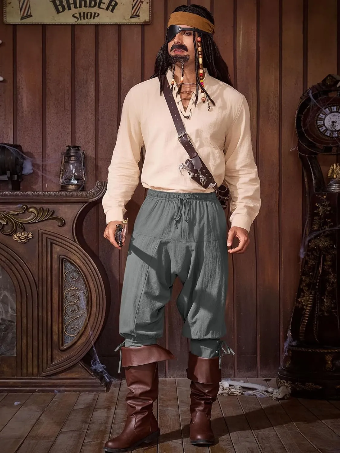 Runcati Mens Medieval Ankle Banded Pants Renaissance Viking Pirate Navigator Costume Pants Lace Up Cotton Halloween Trousers