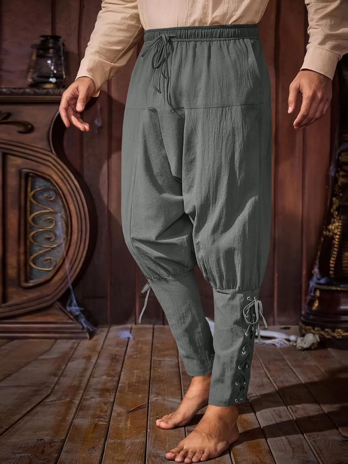 Runcati Mens Medieval Ankle Banded Pants Renaissance Viking Pirate Navigator Costume Pants Lace Up Cotton Halloween Trousers