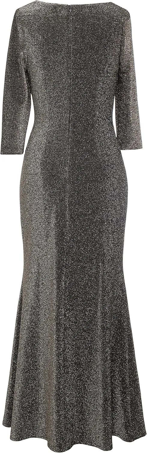 S.L. Fashions Women's Long Metallic Side Ruched Mother of The Bride Dress with Slit (Petite and Regular Sizes)