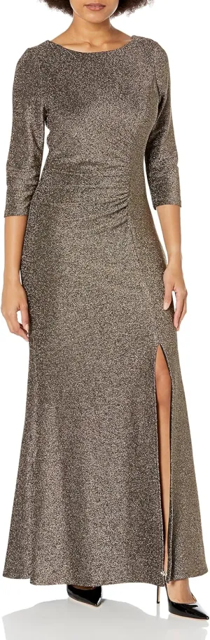 S.L. Fashions Women's Long Metallic Side Ruched Mother of The Bride Dress with Slit (Petite and Regular Sizes)