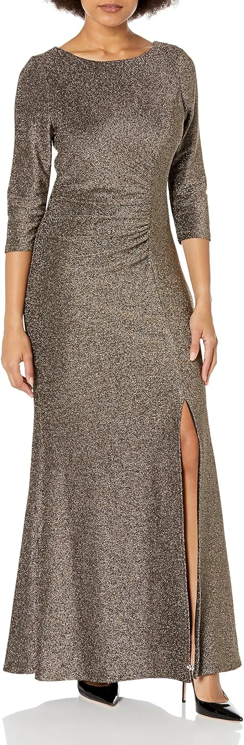 S.L. Fashions Women's Long Metallic Side Ruched Mother of The Bride Dress with Slit (Petite and Regular Sizes)