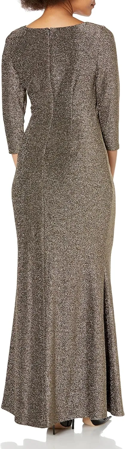 S.L. Fashions Women's Long Metallic Side Ruched Mother of The Bride Dress with Slit (Petite and Regular Sizes)