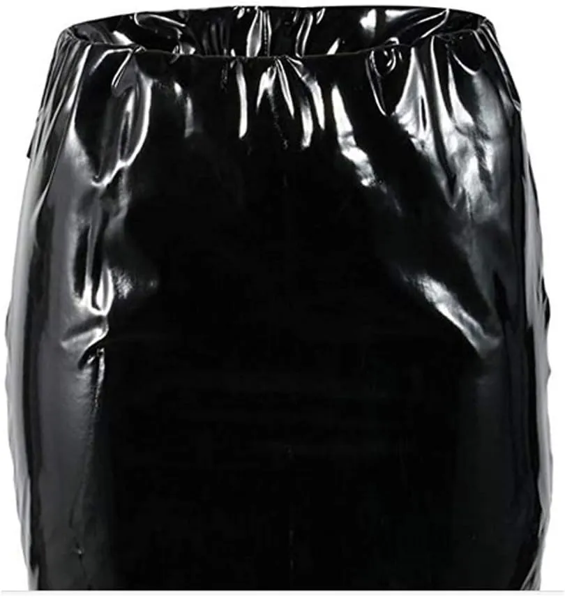 Springcmy Women Neon Leather Bodycon Mini Skirt Skirts Sexy Shiny Liquid Metallic Wet Look Latex Skirt