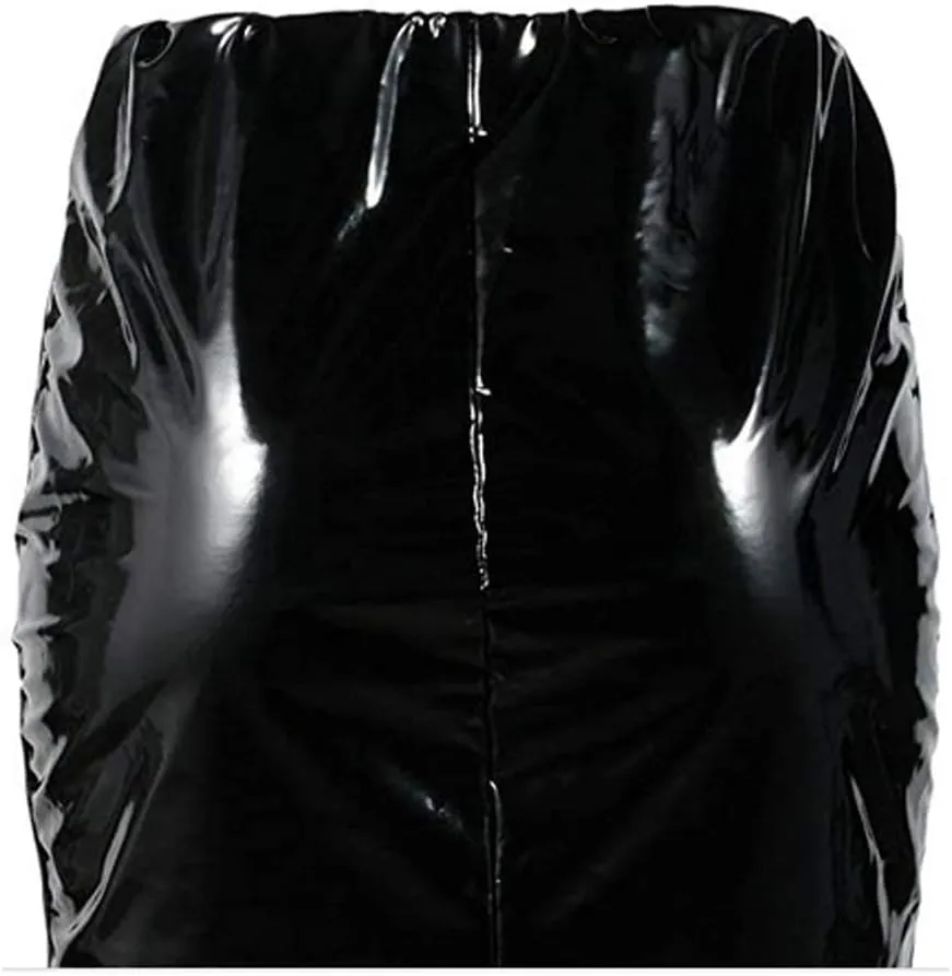 Springcmy Women Neon Leather Bodycon Mini Skirt Skirts Sexy Shiny Liquid Metallic Wet Look Latex Skirt