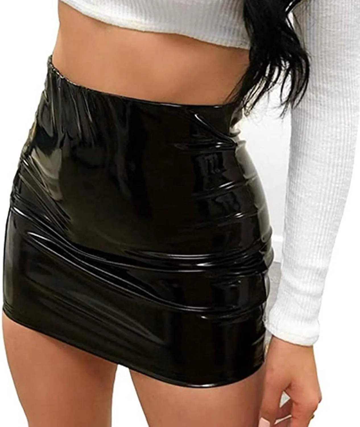 Springcmy Women Neon Leather Bodycon Mini Skirt Skirts Sexy Shiny Liquid Metallic Wet Look Latex Skirt