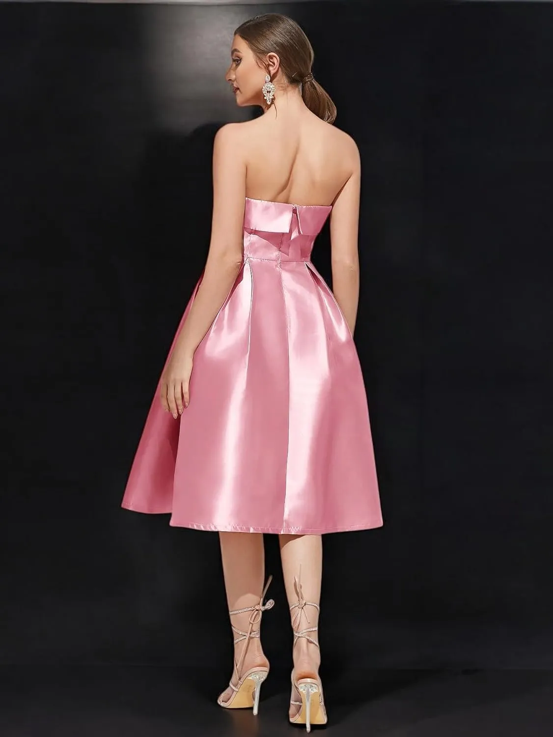 Strapless Satin A-Line Cocktail Dress for Women  Elegant Prom, Wedding,Formal Evening Gown with Pleated Skirt