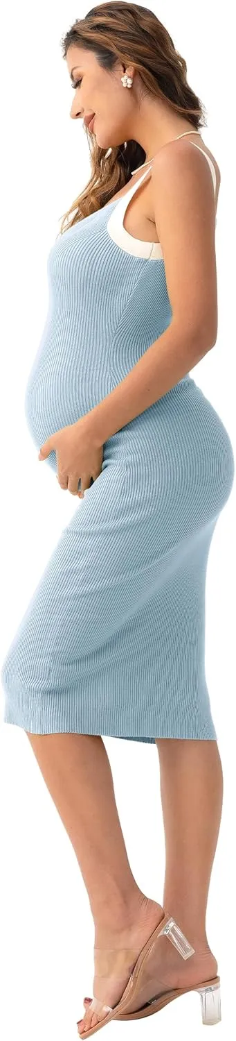 SUNNYBUY Women's Ribbed Knit Maternity Dress Summer Sleeveless Bodycon Pregnancy Dresses Casual Tank Outfits Clothes