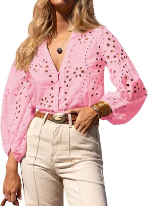 Tankaneo Womens Deep V Neck Eyelet Blouses Tops Dressy Casual 3/4 Balloon Sleeve Cotton Button Down Shirts