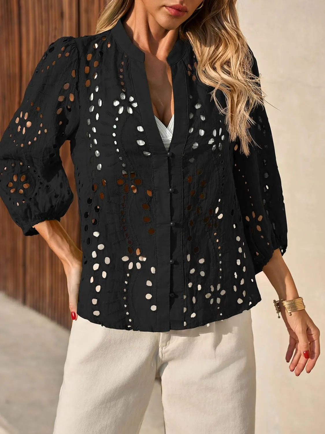 Tankaneo Womens Deep V Neck Eyelet Blouses Tops Dressy Casual 3/4 Balloon Sleeve Cotton Button Down Shirts