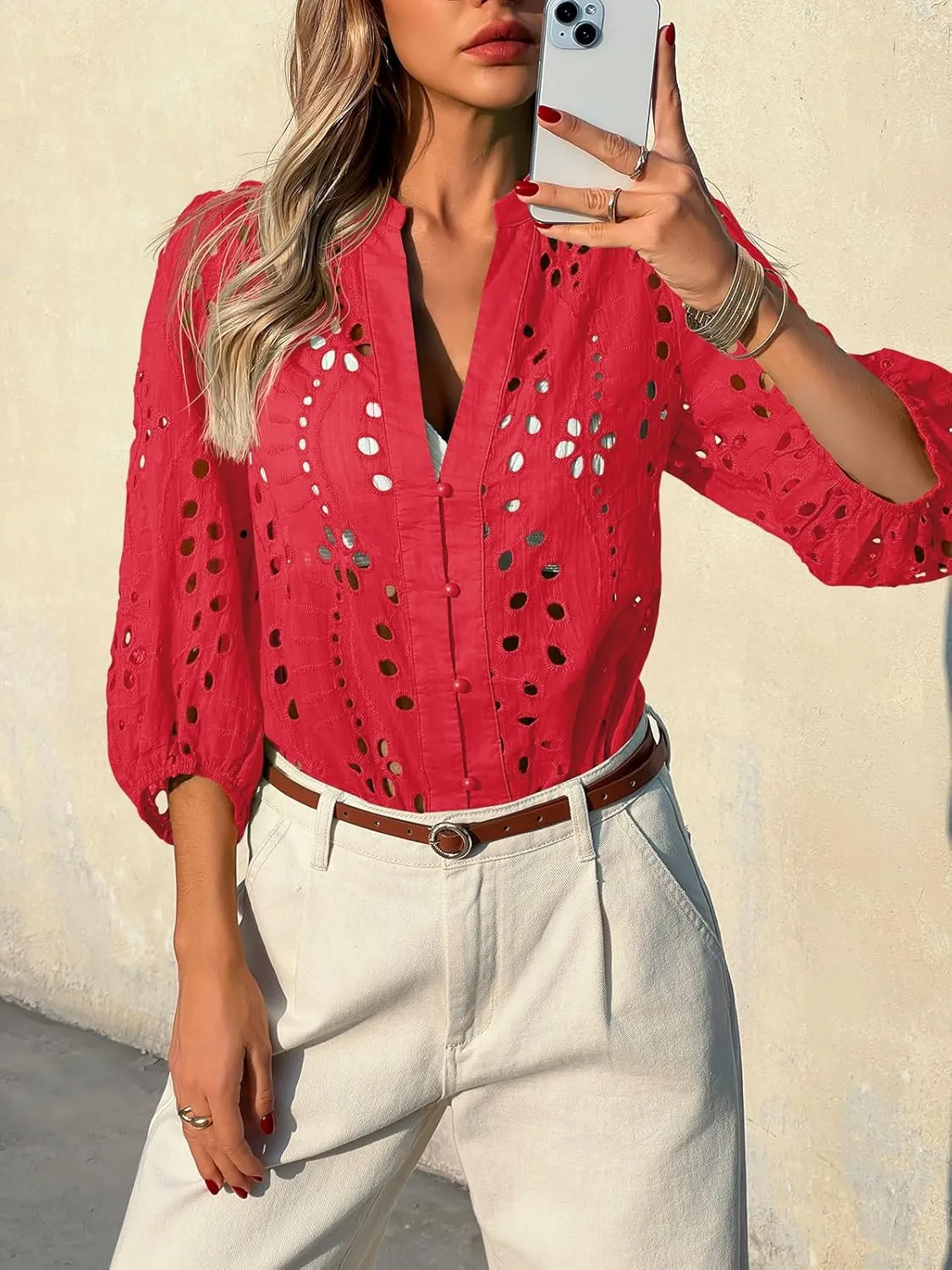 Tankaneo Womens Deep V Neck Eyelet Blouses Tops Dressy Casual 3/4 Balloon Sleeve Cotton Button Down Shirts