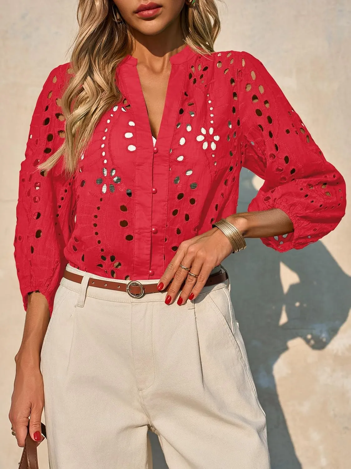 Tankaneo Womens Deep V Neck Eyelet Blouses Tops Dressy Casual 3/4 Balloon Sleeve Cotton Button Down Shirts