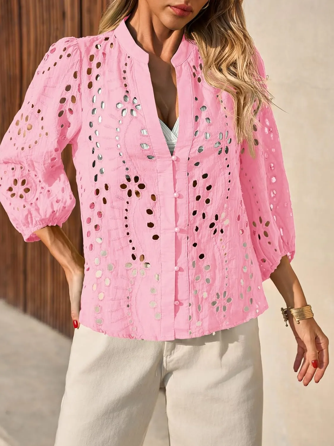 Tankaneo Womens Deep V Neck Eyelet Blouses Tops Dressy Casual 3/4 Balloon Sleeve Cotton Button Down Shirts