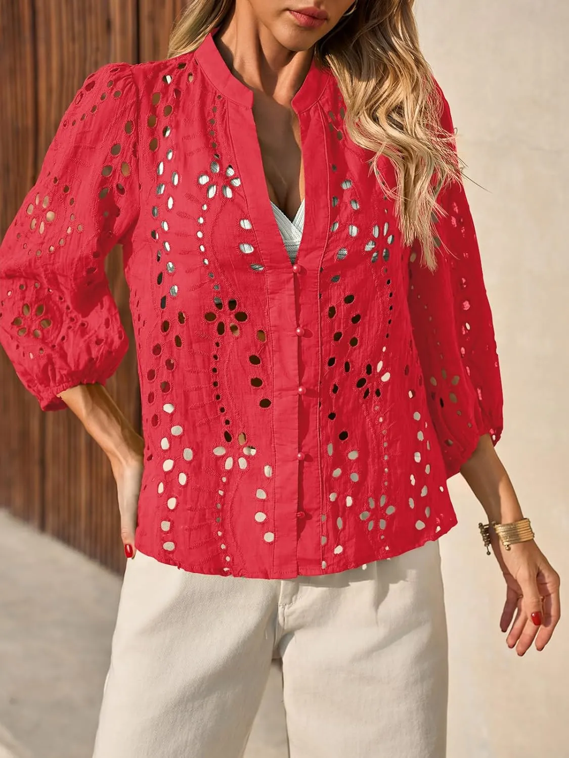 Tankaneo Womens Deep V Neck Eyelet Blouses Tops Dressy Casual 3/4 Balloon Sleeve Cotton Button Down Shirts